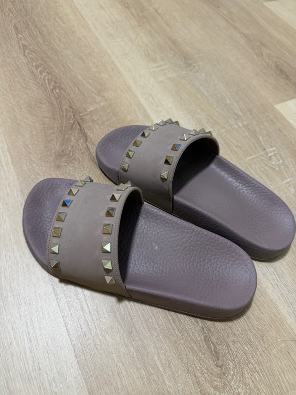 Valentino Taupe Brown Studded Slide Sandals
